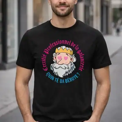 Homme portant un t-shirt blanc Henri IV certifié professionnel de la galanterie avec phrase béarnaise drôle