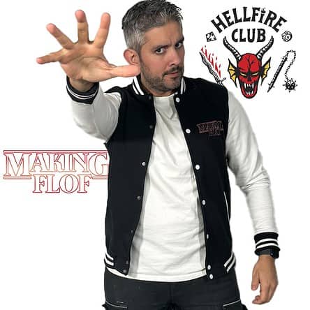 Homme tendant la main, style universitaire, logo Hellfire Club.