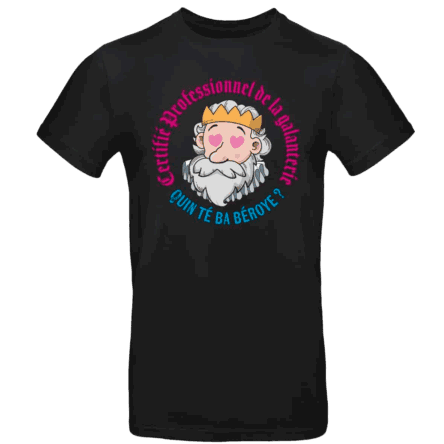 T-shirt noir Pilou Shop 64 avec illustration humoristique du roi Henri IV portant une couronne et des cœurs dans les yeux, accompagné du texte « Certifié professionnel de la galanterie – Quin tè ba béroye ? », symbole de l’esprit béarnais et de la Pilou attitude.