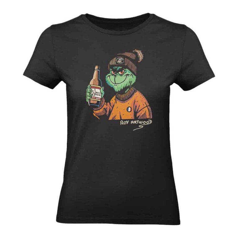 T-shirt femme noir, illustration colorée, personnage style cartoon.