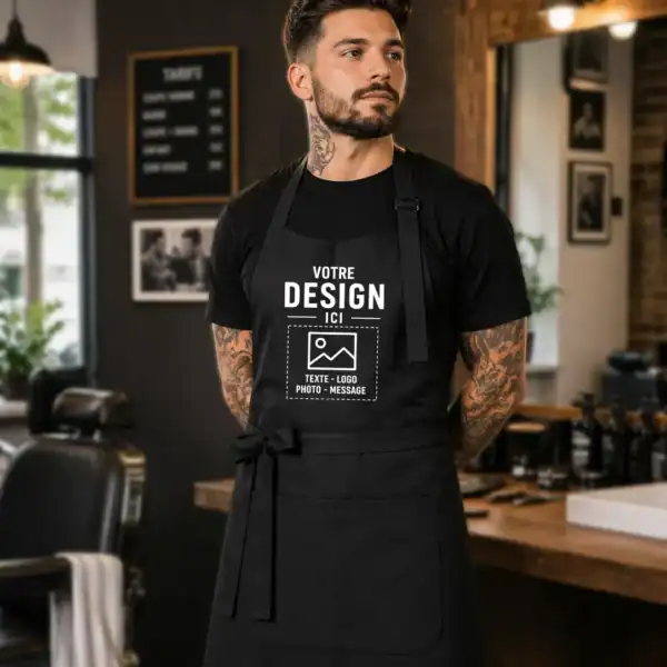 Barbier portant un tablier noir personnalisé avec logo texte ou photo dans un salon professionnel premium