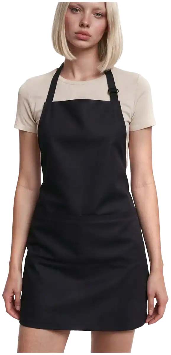 femme portant un tablier noir professionnel personnalisable avec poche avant coupe moderne atelier pilou shop 64