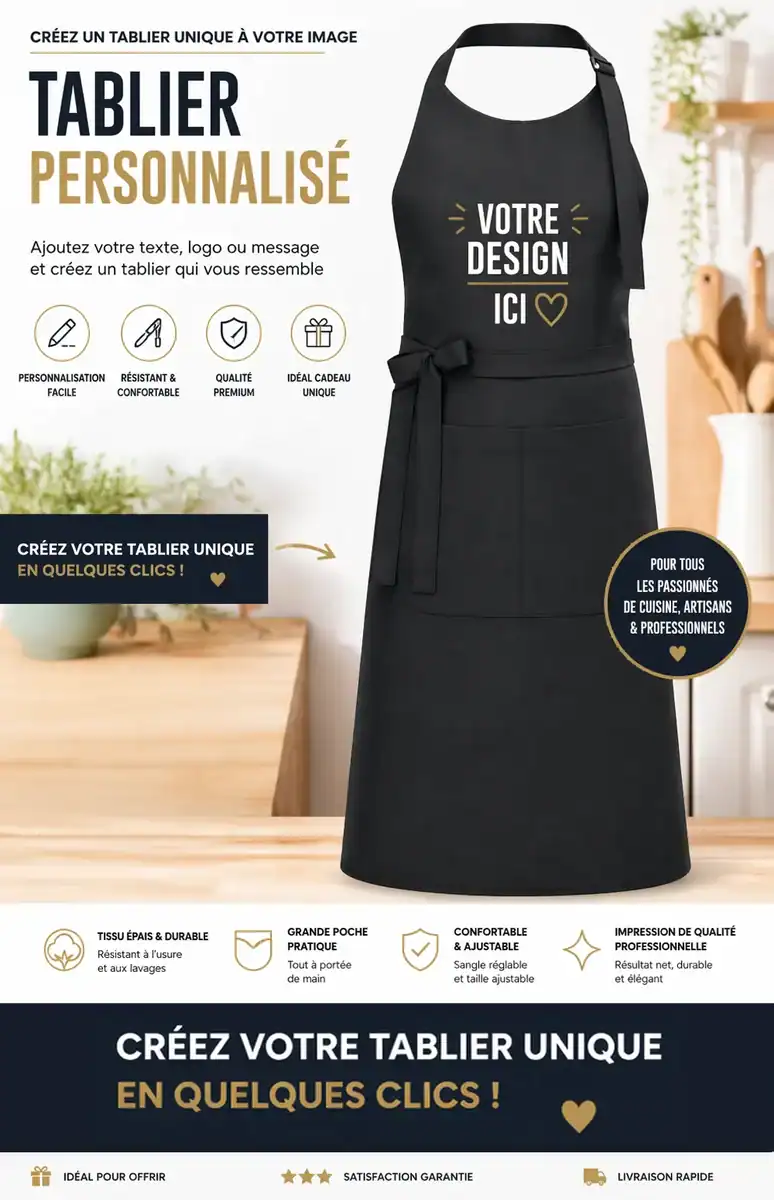 tablier personnalisé noir avec texte votre design ici mockup cuisine professionnel personnalisation textile impression logo tablier cuisine personnalisé haute qualité