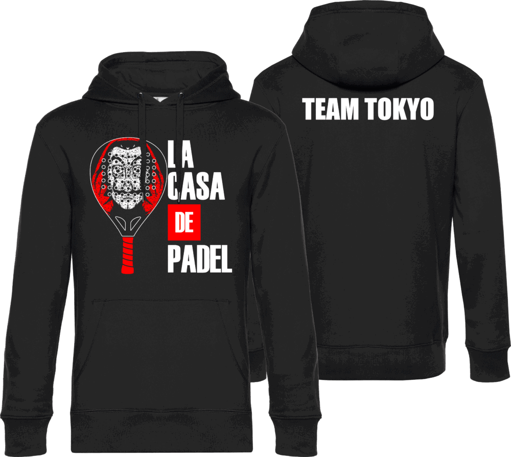 Pilou Shop 64 – Sweat à capuche noir “La Casa de Padel” avec visuel raquette et masque rouge et blanc sur le devant, inscription “TEAM TOKYO” au dos