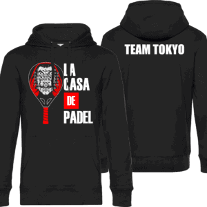 Pilou Shop 64 – Sweat à capuche noir “La Casa de Padel” avec visuel raquette et masque rouge et blanc sur le devant, inscription “TEAM TOKYO” au dos