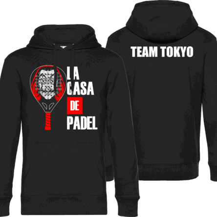 Pilou Shop 64 – Sweat à capuche noir “La Casa de Padel” avec visuel raquette et masque rouge et blanc sur le devant, inscription “TEAM TOKYO” au dos