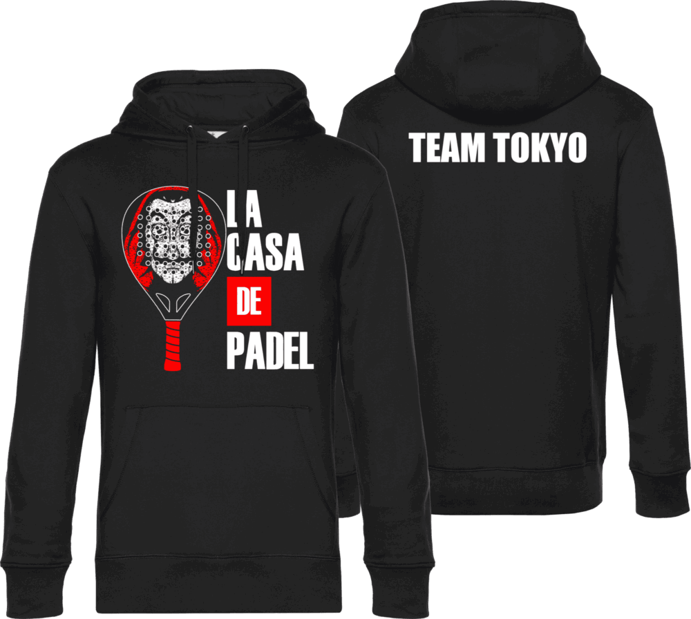 Pilou Shop 64 – Sweat à capuche noir “La Casa de Padel” avec visuel raquette et masque rouge et blanc sur le devant, inscription “TEAM TOKYO” au dos