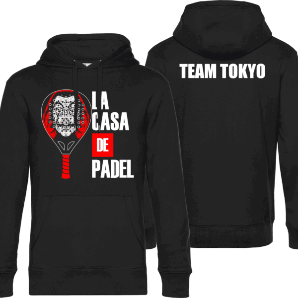 Pilou Shop 64 – Sweat à capuche noir “La Casa de Padel” avec visuel raquette et masque rouge et blanc sur le devant, inscription “TEAM TOKYO” au dos