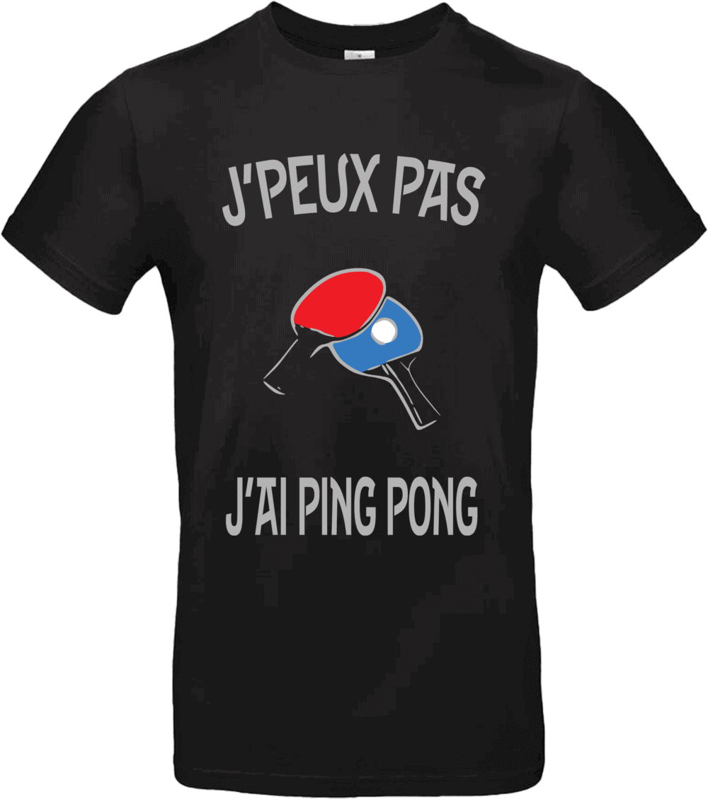 T-shirt noir avec texte humoristique et raquettes de ping pong