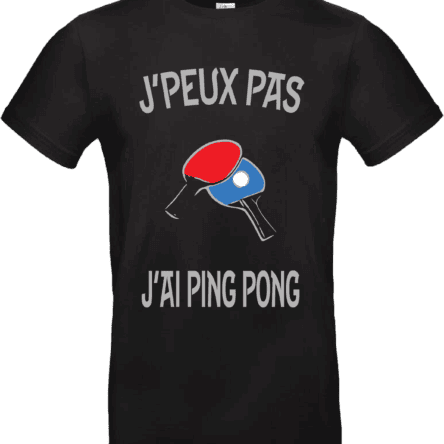 T-shirt noir avec texte humoristique et raquettes de ping pong