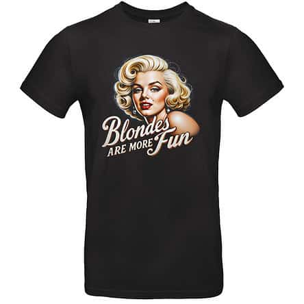 T-shirt noir avec portrait femme blonde, texte stylisé
