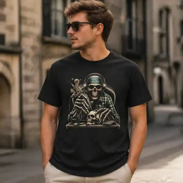 T-shirt skull tatoueur porté par homme en extérieur urbain