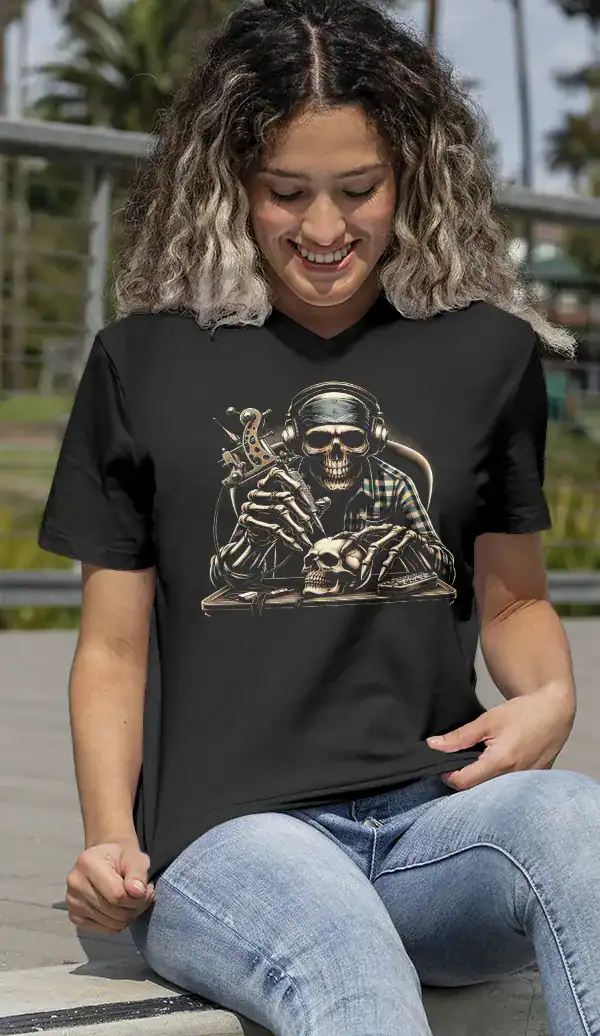 t-shirt noir skull tattoo artist illustration squelette tatoueur impression premium