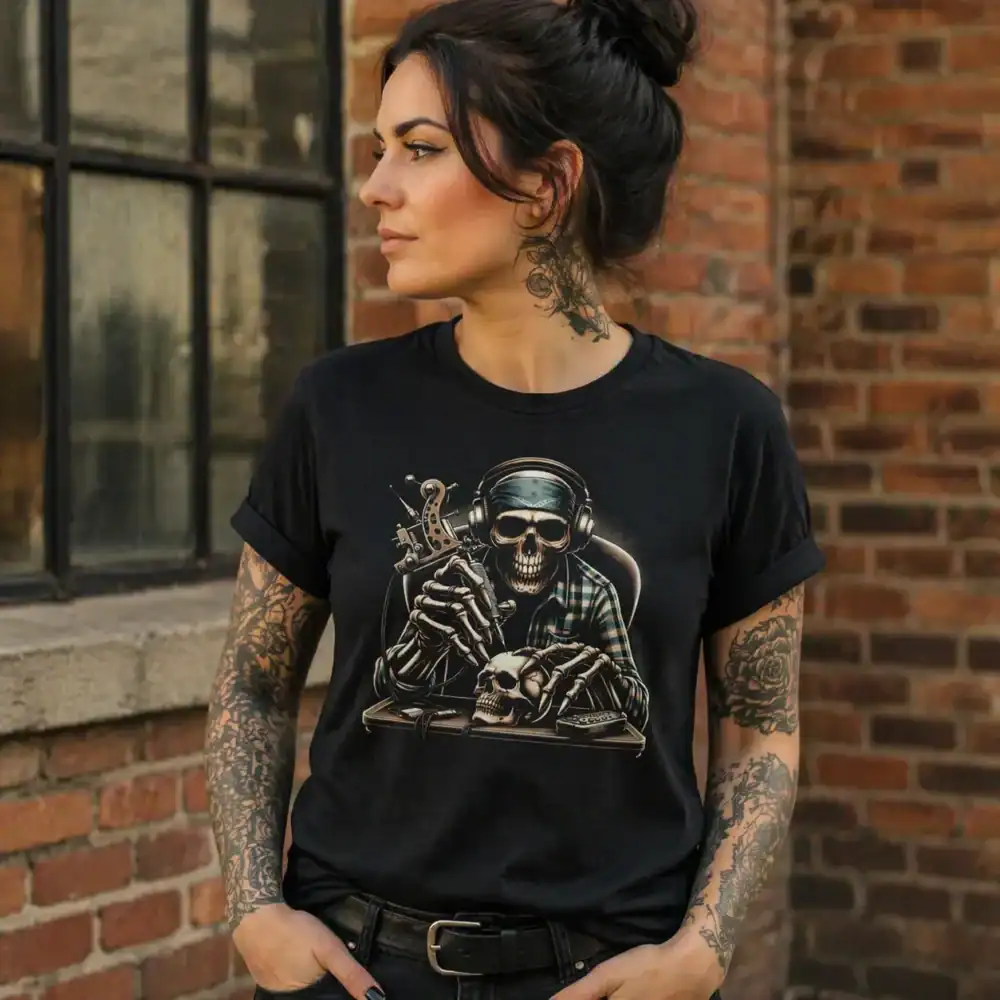 T-shirt tatoueur crâne machine porté par femme en extérieur urbain