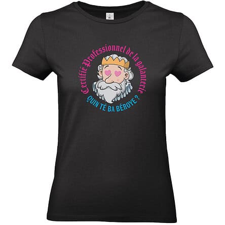 T-shirt noir avec dessin roi et texte humoristique.