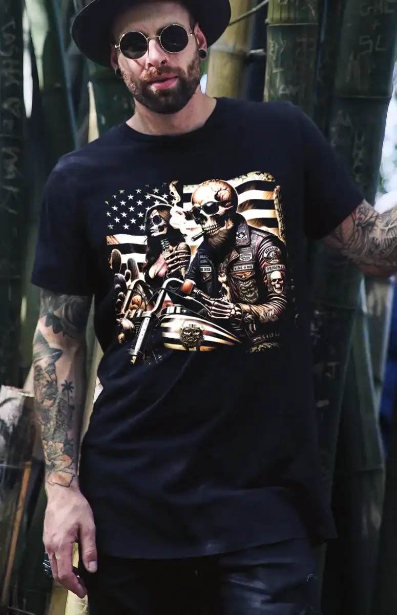 t shirt biker skull rider usa porté look rock moto impression dtf premium pilou shop 64