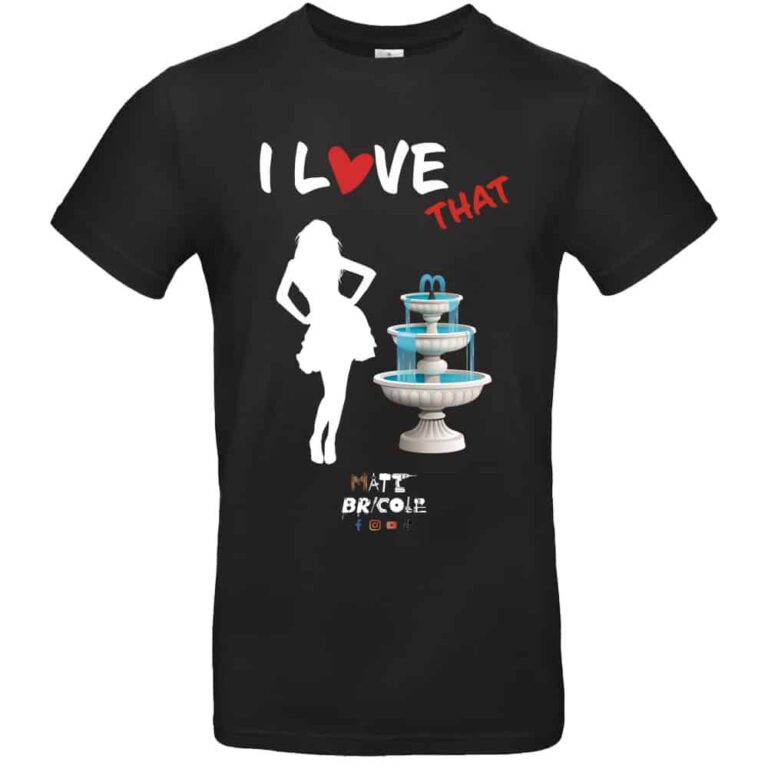 T-shirt noir avec silhouette, fontaine et texte.