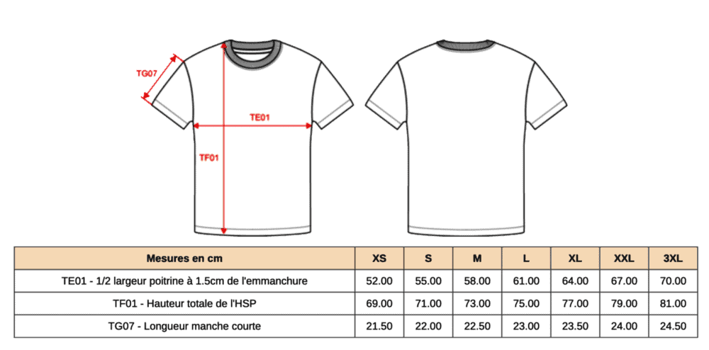 Guide des tailles de t-shirts avec mesures.