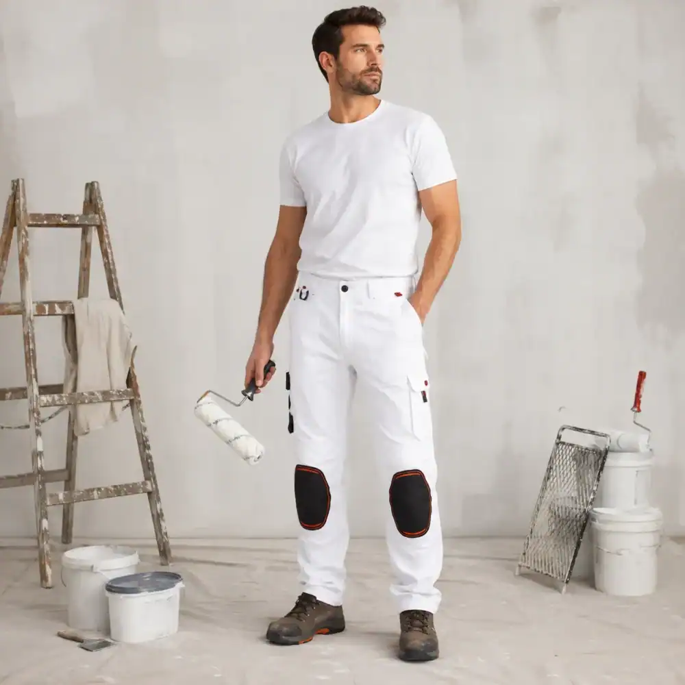 Peintre en bâtiment portant un pantalon ilkott de travail blanc renforcé avec genouillères noires dans une ambiance chantier rénovation BTP.