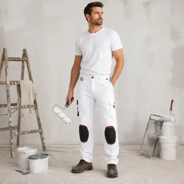 Peintre en bâtiment portant un pantalon ilkott de travail blanc renforcé avec genouillères noires dans une ambiance chantier rénovation BTP.