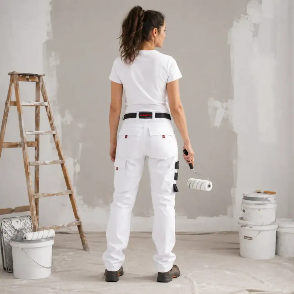Femme peintre en bâtiment vue de dos portant un pantalon ilkott de travail blanc dans une ambiance chantier rénovation BTP avec rouleau de peinture.