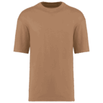 T-shirt beige basique sur fond blanc.