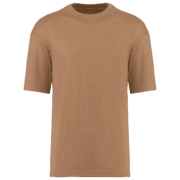 T-shirt beige basique sur fond blanc.