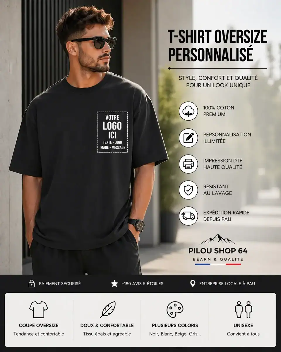 T-shirt oversize personnalisé noir porté par un homme style urbain moderne avec marquage “votre logo ici” impression DTF premium Pilou Shop 64