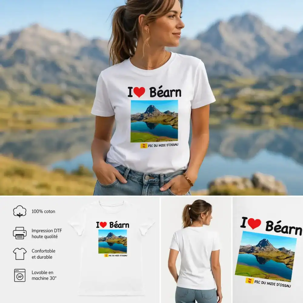 T-shirt femme I love Béarn Pic du Midi d’Ossau paysage montagne impression DTF blanc porté