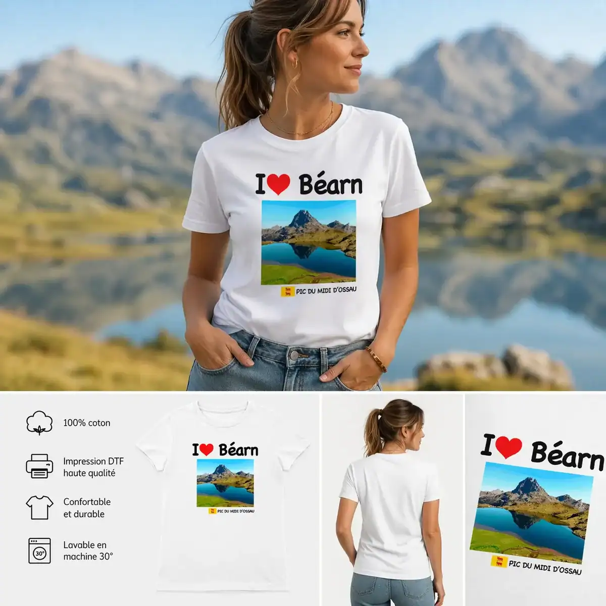 T-shirt femme I love Béarn Pic du Midi d’Ossau paysage montagne impression DTF blanc porté