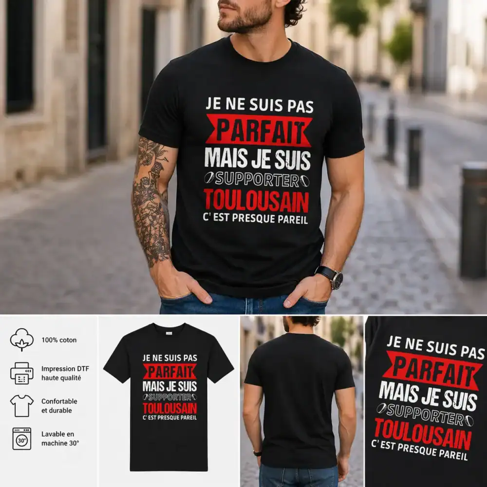 T-shirt humour supporter toulousain porté par homme en extérieur urbain avec vue face dos et zoom visuel