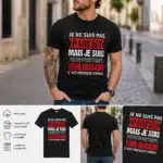 T-shirt humour supporter toulousain porté par homme en extérieur urbain avec vue face dos et zoom visuel