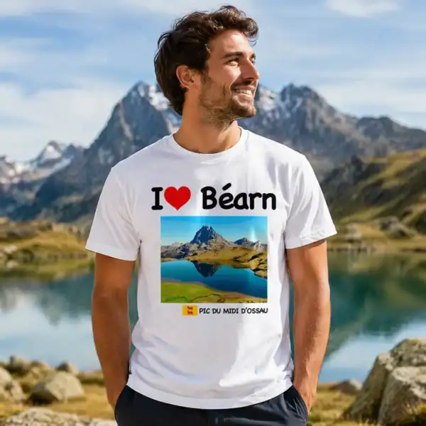 T-shirt I love Béarn porté par homme en extérieur montagne lac