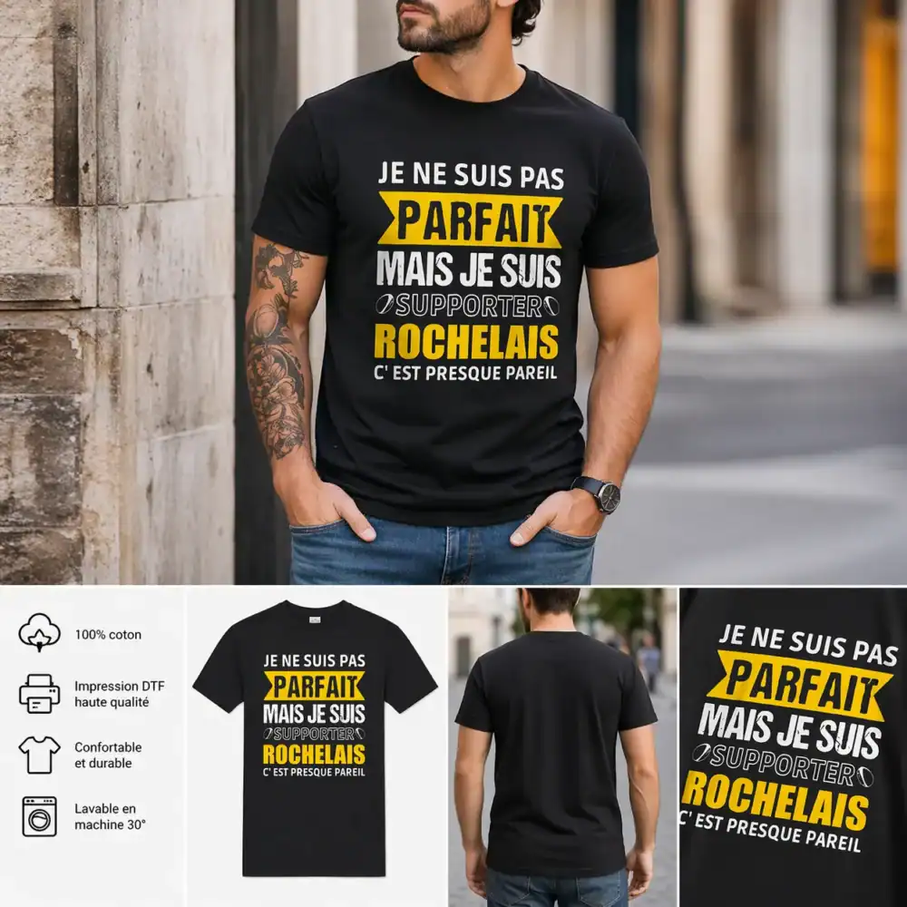 T-shirt noir supporter rochelais homme humour parfait impression DTF portée face dos zoom visuel