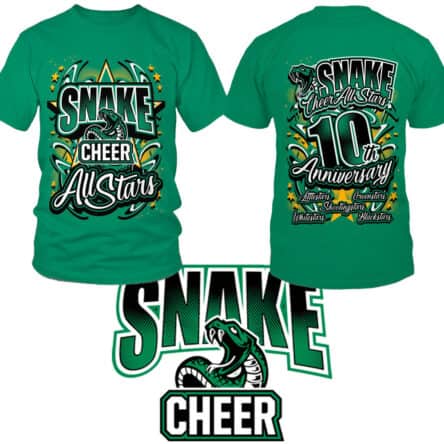 T-shirt vert Snake Cheer, anniversaire 10 ans.