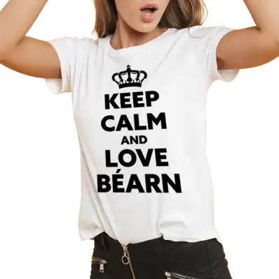 T shirt Keep Calm and Love Béarn blanc et noir porté homme et femme impression locale Béarn porté blanc femme