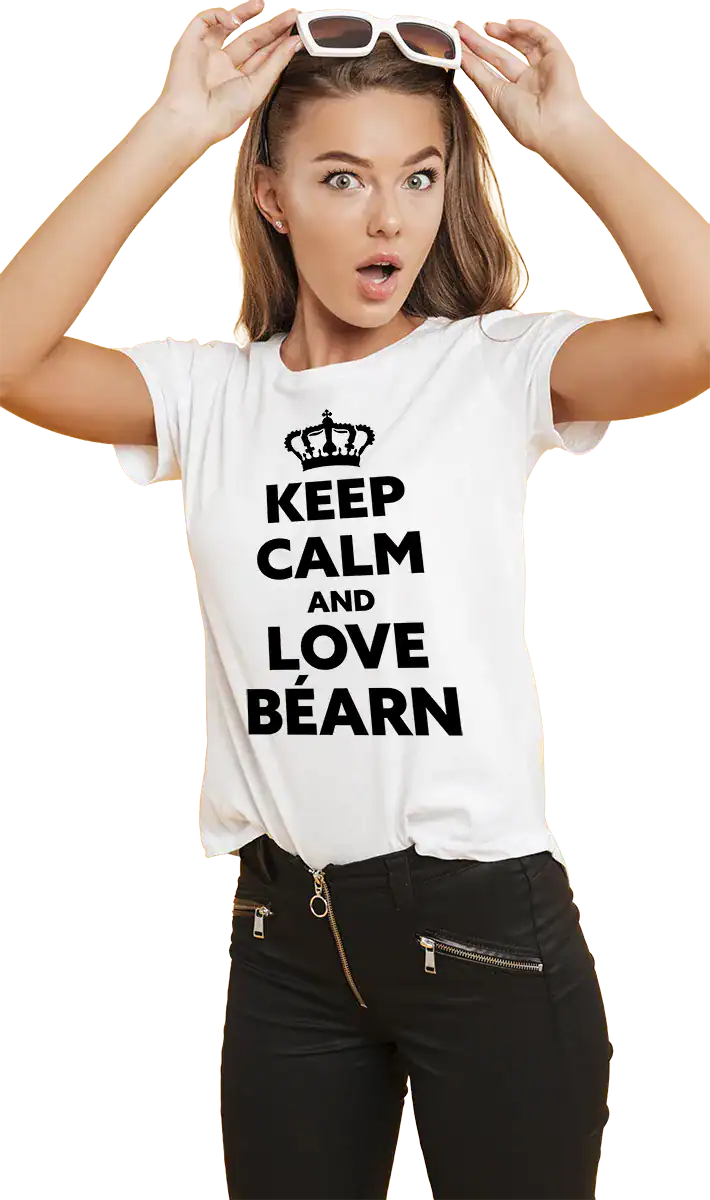 T shirt Keep Calm and Love Béarn blanc et noir porté homme et femme impression locale Béarn porté blanc femme