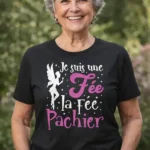 T-shirt je suis une fée la fée pachier porté par femme en extérieur terrasse