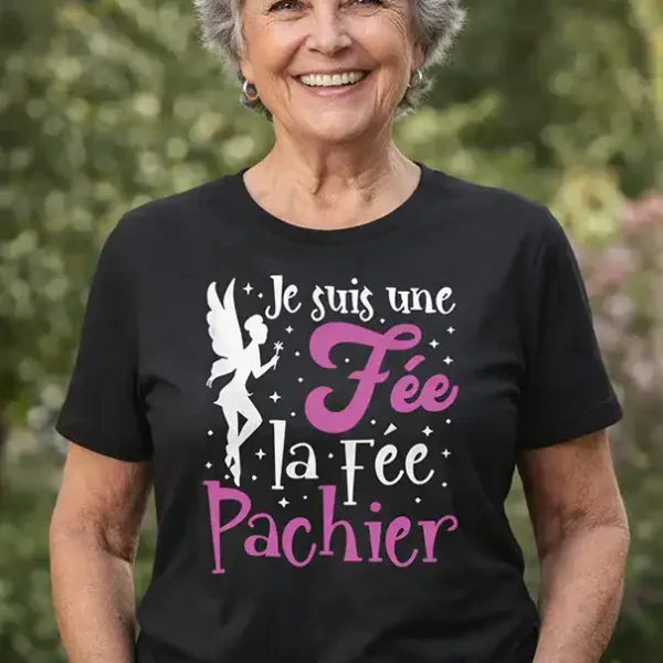 tshirt femme humour je suis une fee la fee pachier noir blanc impression dtf pilou shop 64 porté par une mamie