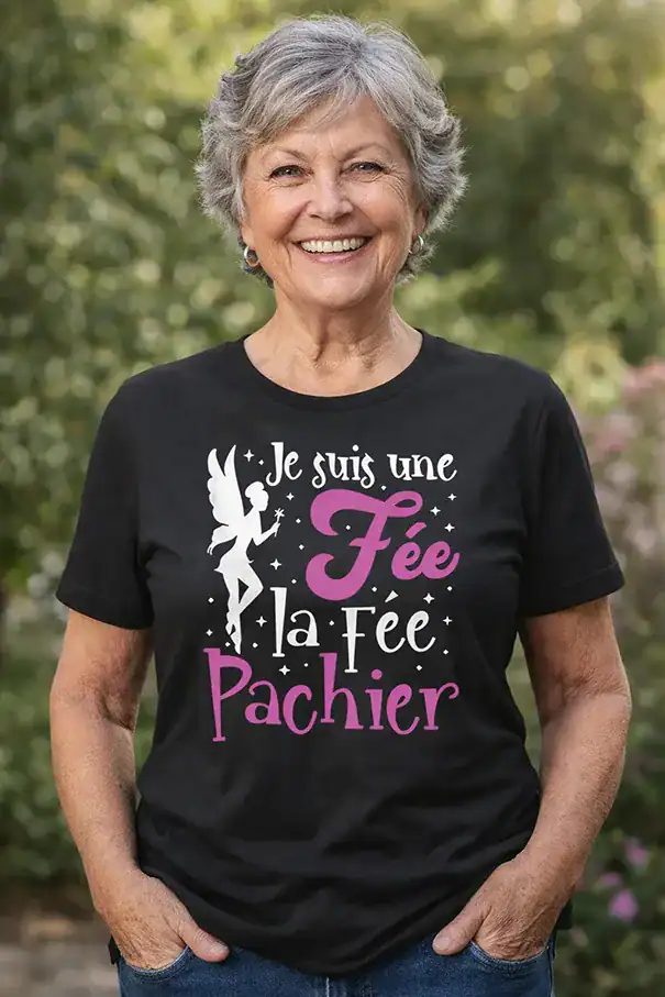 tshirt femme humour je suis une fee la fee pachier noir blanc impression dtf pilou shop 64 porté par une mamie
