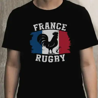 t shirt france rugby coq drapeau noir homme supporter equipe france impression dtf premium