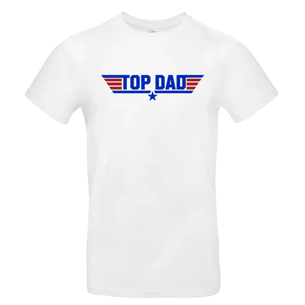 T-shirt blanc homme Top Dad style aviation avec impression DTF bleu et rouge centrée Pilou Shop 64