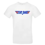 T-shirt blanc homme Top Dad style aviation avec impression DTF bleu et rouge centrée Pilou Shop 64