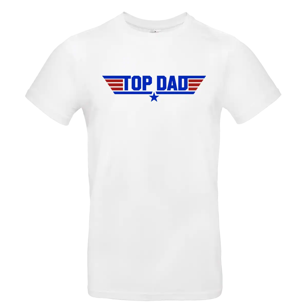 T-shirt blanc homme Top Dad style aviation avec impression DTF bleu et rouge centrée Pilou Shop 64