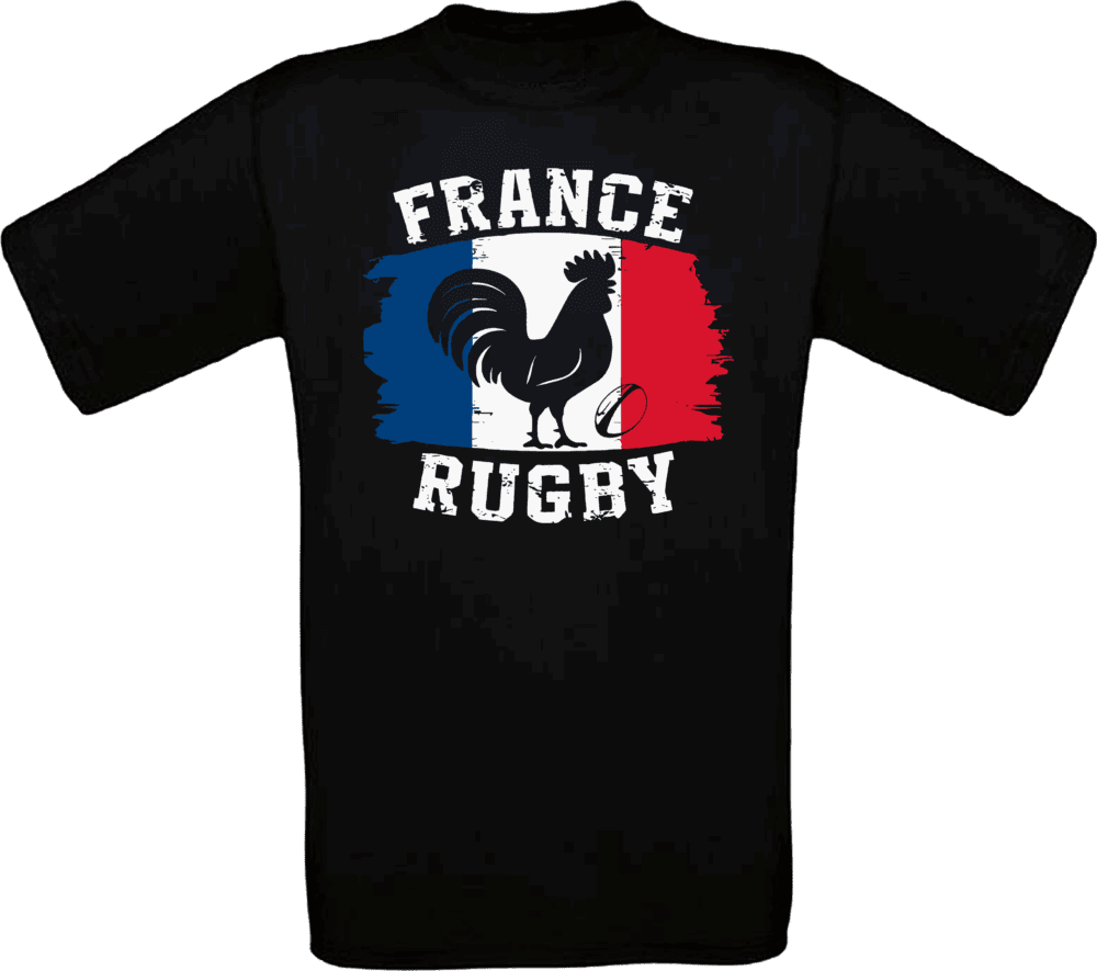 T-shirt noir France Rugby avec coq et ballon.
