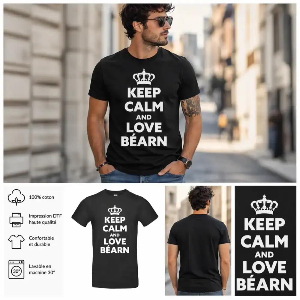 T-shirt homme noir Keep Calm and Love Béarn porté en extérieur urbain vue face impression blanche DTF haute qualité Pilou Shop 64