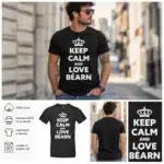 T-shirt homme noir Keep Calm and Love Béarn porté en extérieur urbain vue face impression blanche DTF haute qualité Pilou Shop 64