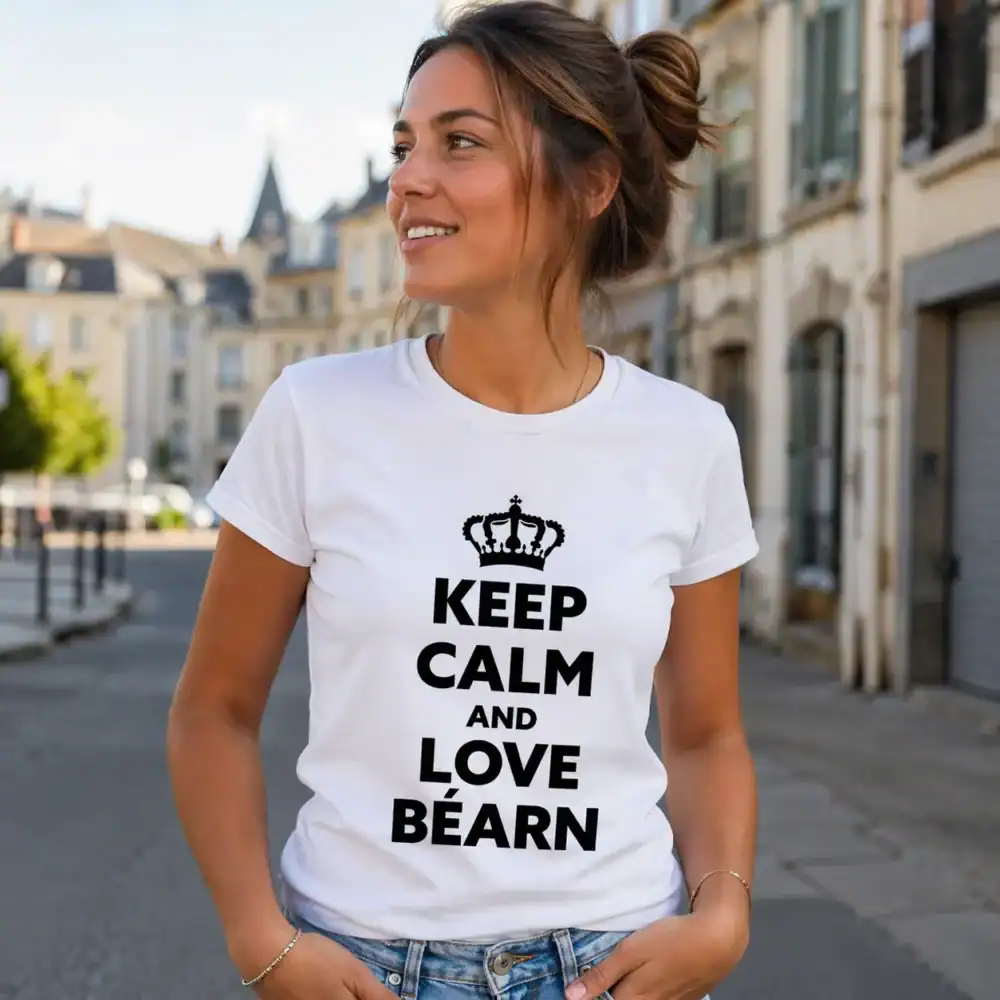 T-shirt keep calm love Béarn porté par femme en extérieur ville