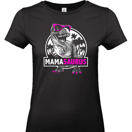 t shirt noir avec un t-rex qui porte du vernis a ongles et des lunettes rose