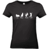 T-shirt noir avec silhouettes de chats, un deux trois cat.